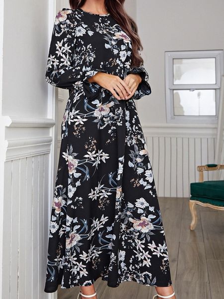 floral print flounce sleeve keyhole back dress j5dh#, Black;gray