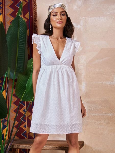 plunging neck ruffle armhole schiffy dress k9q4#, Black;gray