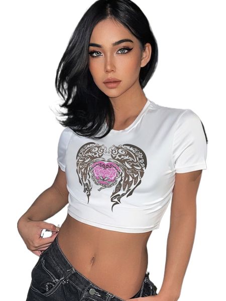 wing & heart print crop tee f2x9#, White