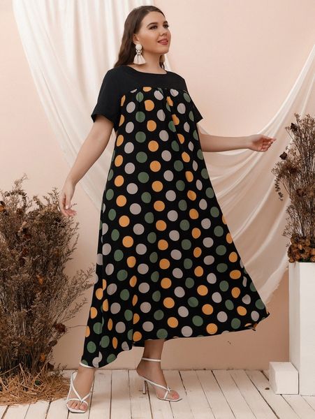 plus polka dot print dress 45ny#, Black