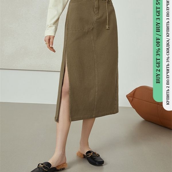 fsle skirts khaki denim mid-length split high waist design long brown simple women casual 220322, Black
fsle skirts khaki denim mid-length split high waist design long brown simple women casual 220322, Black