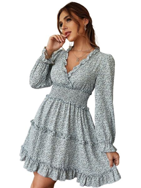 simplee ruffle hem ditsy floral print shirred dress o4wr#, Black;gray