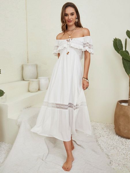 rusttydustty off shoulder tie front lace insert ruffle trim dress y755#, Black;gray
rusttydustty off shoulder tie front lace insert ruffle trim dress y755#, Black;gray