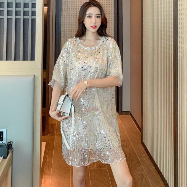 women's t-shirt polka dot glitter sequins beauty t shirt for women pearls o-neck see through loose plus size tee clubwear summer long, White
women's t-shirt polka dot glitter sequins beauty t shirt for women pearls o-neck see through loose plus size tee clubwear summer long, White