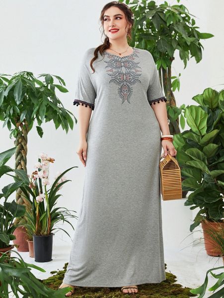 plus geo embroidery contrast tape pompom trim dress w2ho#, Black 
plus geo embroidery contrast tape pompom trim dress w2ho#, Black