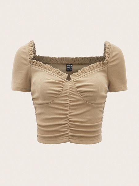 frill trim ruched t-shirt 99le#, White