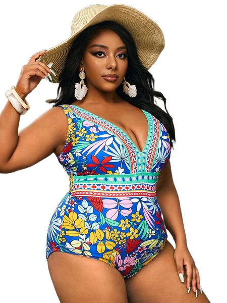 plus floral print one piece swimsuit w3hp#, White;black 
plus floral print one piece swimsuit w3hp#, White;black