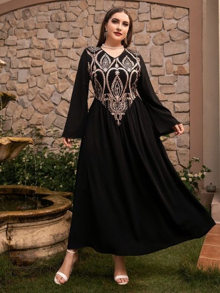 plus contrast sequin bell sleeve flare dress o1hr#, Black
plus contrast sequin bell sleeve flare dress o1hr#, Black