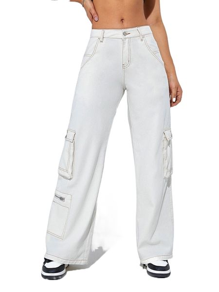 stitching flap pocket cargo jeans q2xk#, Blue