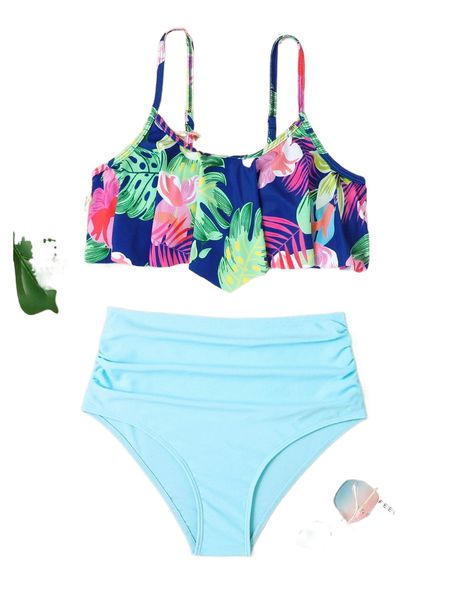 2pcs tropical print hanky hem ruched side high waist bikini swimsuit h1ki#, White;black
2pcs tropical print hanky hem ruched side high waist bikini swimsuit h1ki#, White;black
