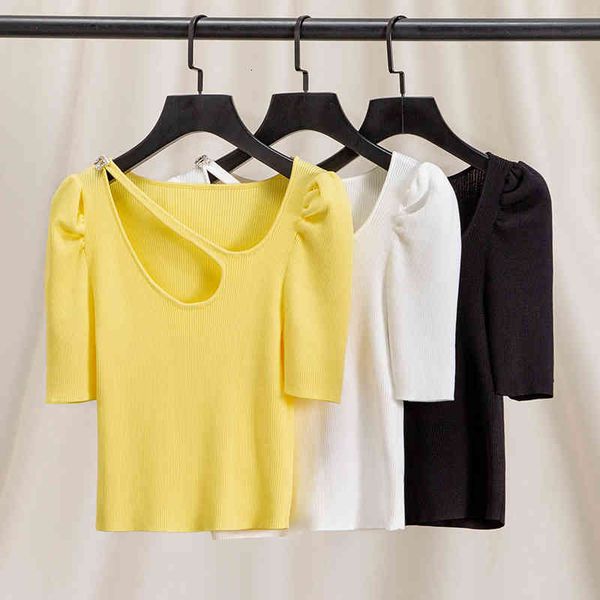 women's knits tees small fragrant wind bubble sleeve t-shirt women's summer design sense of minority tight ice silk chic collarbon, White
women's knits tees small fragrant wind bubble sleeve t-shirt women's summer design sense of minority tight ice silk chic collarbon, White