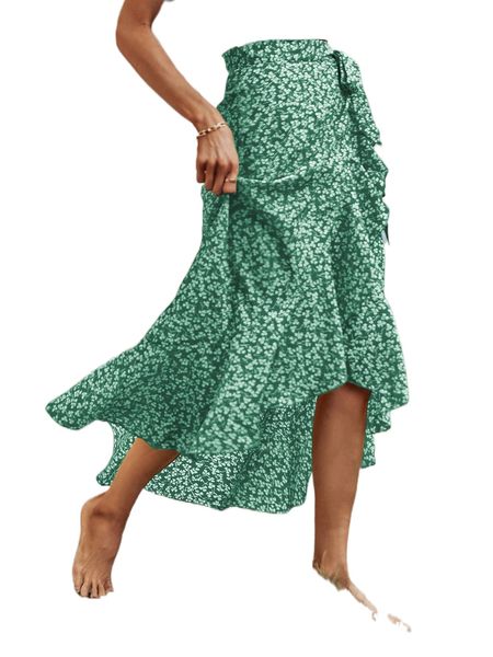 ditsy floral print knot side ruffle trim wrap skirt y4sl#, Black