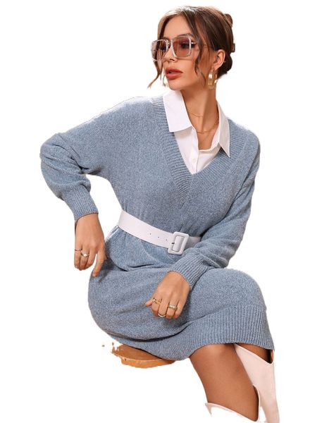 drop shoulder sweater dress without belt g11j#, White;black
drop shoulder sweater dress without belt g11j#, White;black