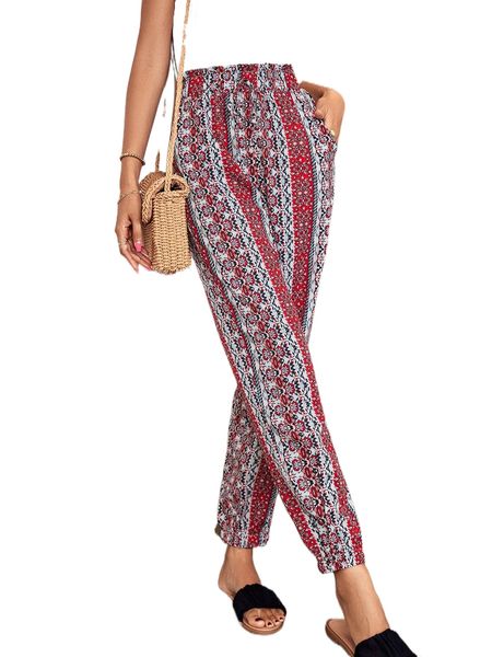 ditsy floral print paperbag waist pants t0e5#, Black;white