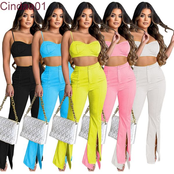 womens two piece pants outfit new fall and winter suspender bra high waist pant slit casual suit, White 
womens two piece pants outfit new fall and winter suspender bra high waist pant slit casual suit, White