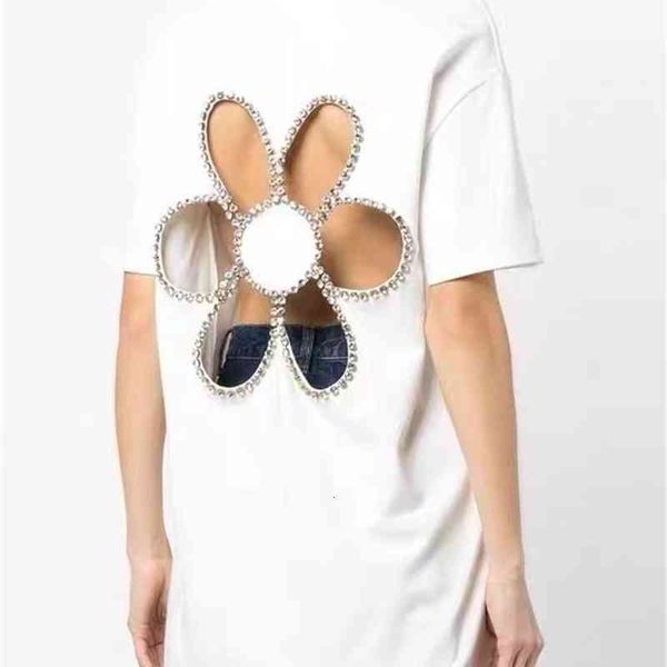 women's t-shirt area summer flower hollowed out diamond backless casual loose round neck short sleeve t-shirt, White
women's t-shirt area summer flower hollowed out diamond backless casual loose round neck short sleeve t-shirt, White