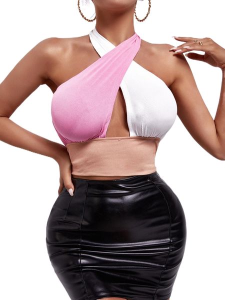 color block crossover backless halter s1jm#, White 
color block crossover backless halter s1jm#, White