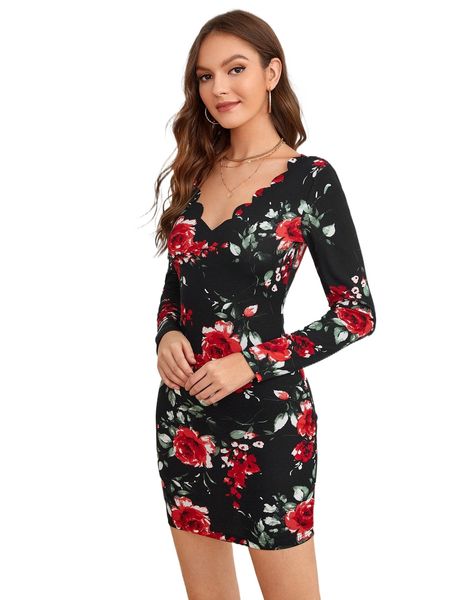 floral print scallop trim bodycon dress l1id#, Black;gray
floral print scallop trim bodycon dress l1id#, Black;gray