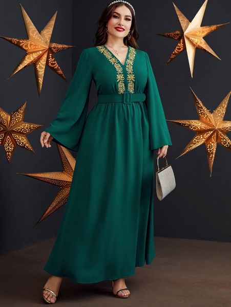 plus floral embroidery trumpet sleeve belted dress p9pf#, Black
plus floral embroidery trumpet sleeve belted dress p9pf#, Black