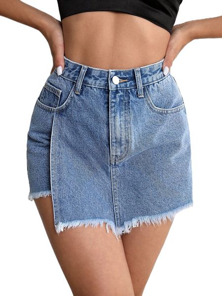raw cut asymmetrical hem denim skort 904j#, White;black