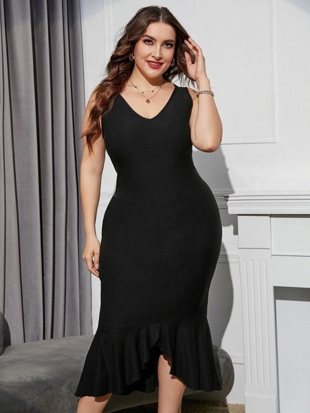 plus asymmetrical mermaid hem bodycon dress 119s#, Black