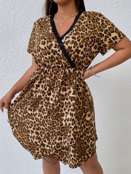 plus leopard lace trim wrap hem dress h082#, Black
