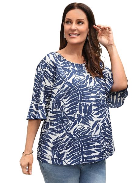 emery rose plus tropical print flounce sleeve blouse o5v1#, Black