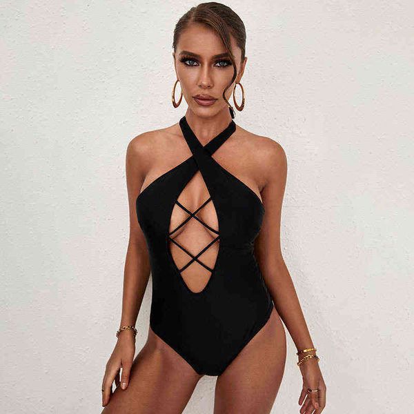 designer women's swimsuit bikini shi ying's women's solid color hanging neck lace up hollowed out to show thin swimsuit 44108, White;black