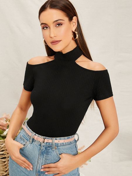cold shoulder rib-knit 74q9#, White