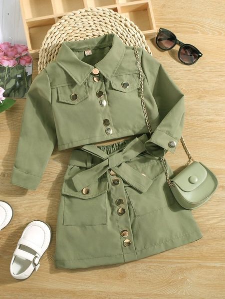 little girl's flip detail jacket and belt skirt she, White
little girl's flip detail jacket and belt skirt she, White