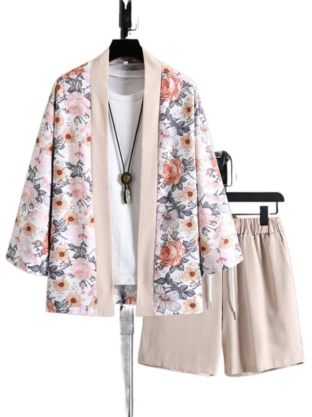 men floral print drop shoulder kimono & drawstring waist shorts without tee n1ux#, Gray
men floral print drop shoulder kimono & drawstring waist shorts without tee n1ux#, Gray