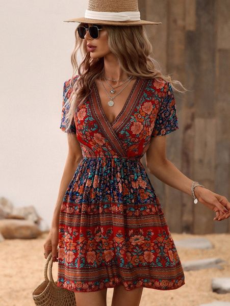 floral print surplice neck dress a80m#, Black;gray
floral print surplice neck dress a80m#, Black;gray