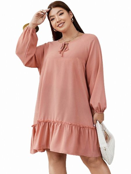 plus tie neck lantern sleeve ruffle hem dress 31ef#, Black