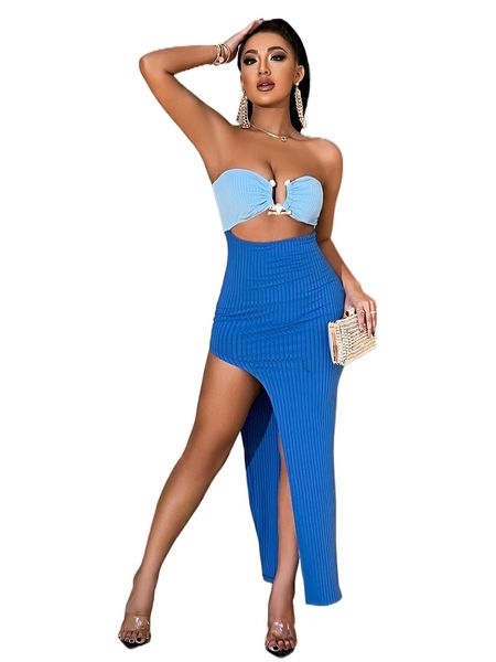 two tone u-ring cut out asymmetrical hem tube dress g26y#, Black;gray
two tone u-ring cut out asymmetrical hem tube dress g26y#, Black;gray