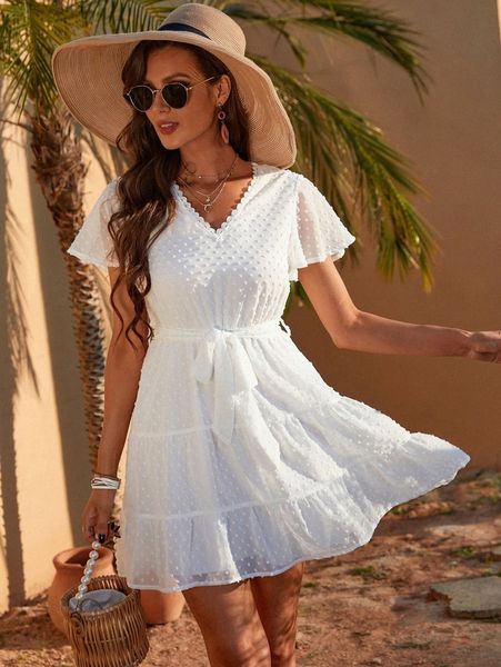 swiss dot belted ruffle hem dress p88f#, Black;gray 
swiss dot belted ruffle hem dress p88f#, Black;gray