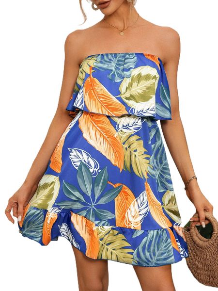 tropical print ruffle hem tube dress t3f9#, Black;gray
tropical print ruffle hem tube dress t3f9#, Black;gray