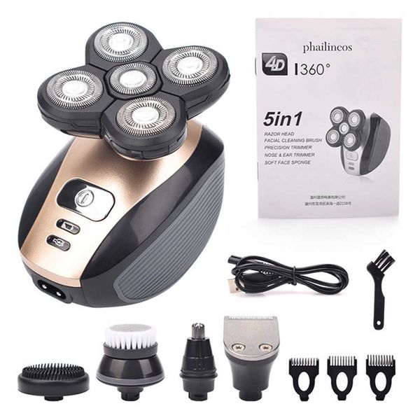 5 In 1 4D Men's Rechargeable Bald Head Electric Shaver 5 Floating Heads Beard Nose Ear Hair Trimmer Razor Clipper Facial Brush