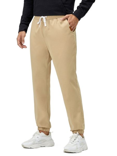 men solid drawstring waist pants 3471#, Black