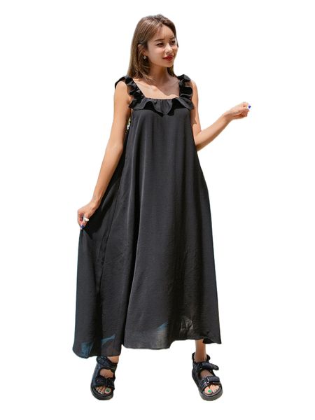 dazy solid ruffle trim cami dress a3y1#, Black;gray
