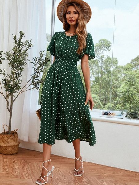 polka dot print butterfly sleeve shirred dress 74fx#, Black;gray
