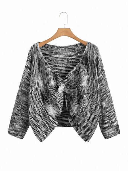 plus marled knit drop shoulder crossover sweater r2om#, Black