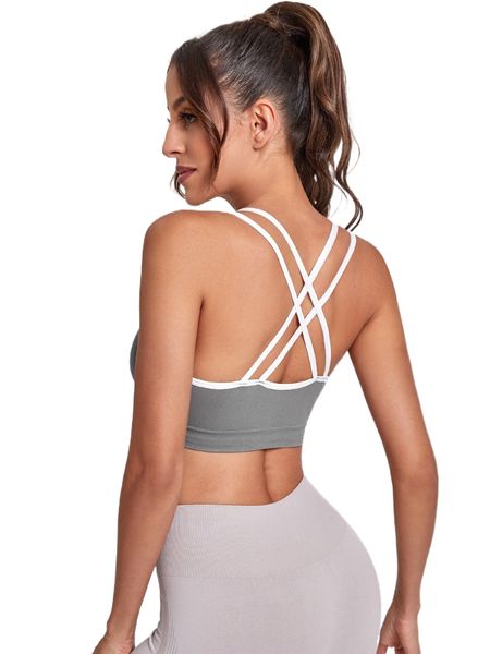 contrast binding criss cross backless sports bra h89u#, Gray