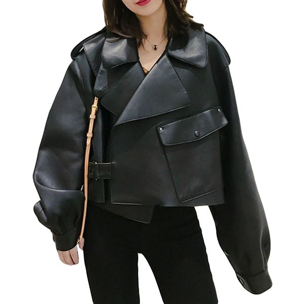 aigo women faux leather jacket soft loose vintage biker coat short pockets motor pu black jacket autumn street leather coat y201012, Black;brown
aigo women faux leather jacket soft loose vintage biker coat short pockets motor pu black jacket autumn street leather coat y201012, Black;brown