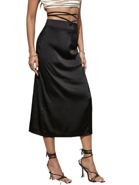 lace up waist straight skirt q7hh#, Black