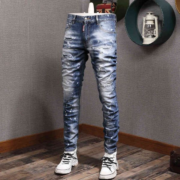 men's jeans high street fashion brand hole patch speckled slim fit small feet micro elastic casual washed men's jeans youth pants, Blue
men's jeans high street fashion brand hole patch speckled slim fit small feet micro elastic casual washed men's jeans youth pants, Blue