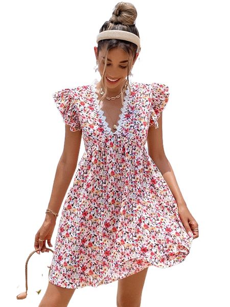 allover floral print guipure lace detail flutter sleeve dress w1uf#, Black;gray
allover floral print guipure lace detail flutter sleeve dress w1uf#, Black;gray