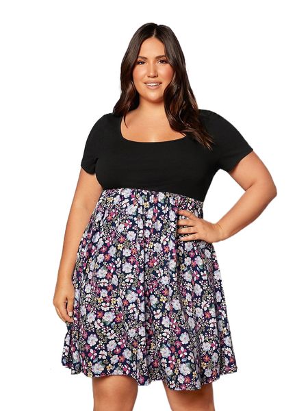 plus floral print dress t5ci#, Black 
plus floral print dress t5ci#, Black