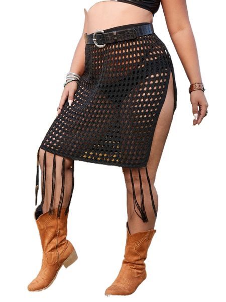 plus fringe hem split thigh cover up skirt without belt & panty z3s5#, Black 
plus fringe hem split thigh cover up skirt without belt & panty z3s5#, Black