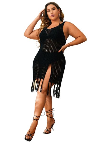 plus hollow out split fringe hem cover up without bikini v31m#, Black
plus hollow out split fringe hem cover up without bikini v31m#, Black