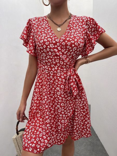 allover floral butterfly sleeve belted dress g1uo#, Black;gray
allover floral butterfly sleeve belted dress g1uo#, Black;gray